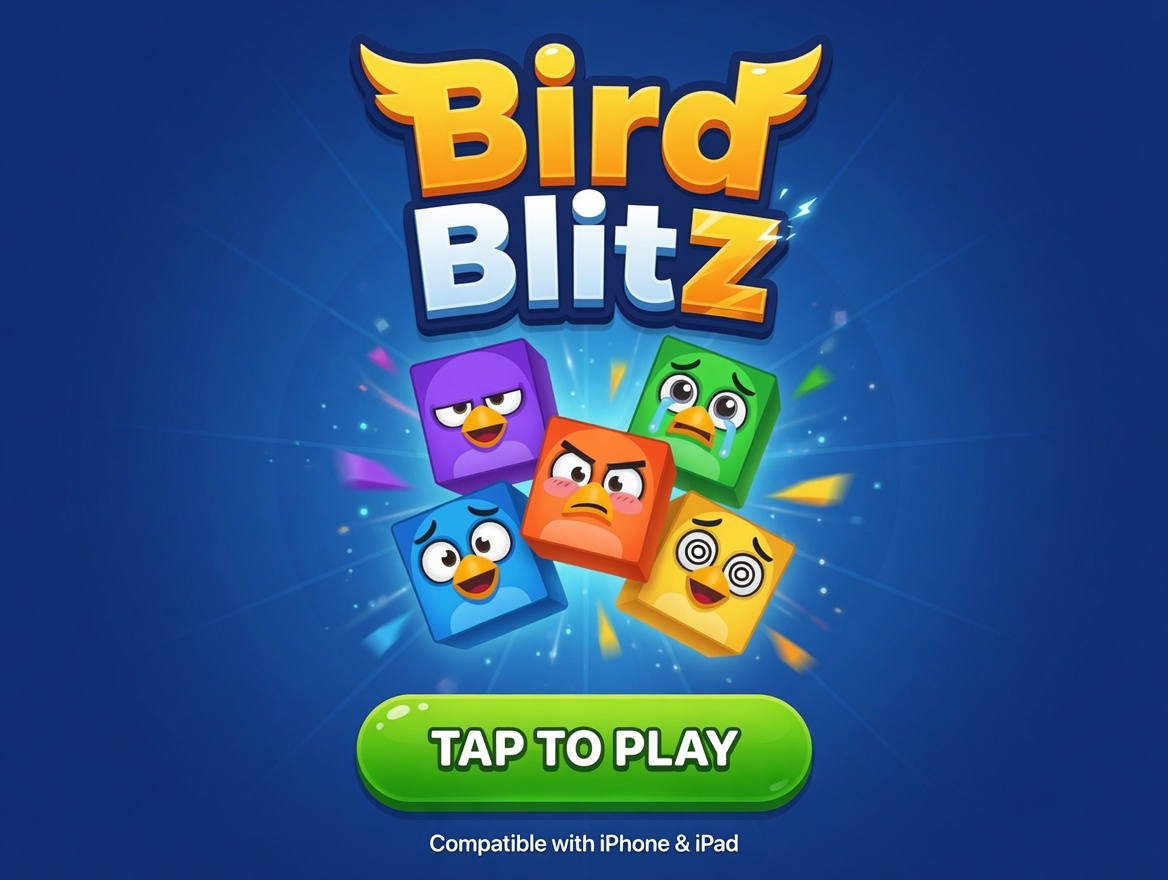 Bird Blitz title screen with colorful bird-faced blocks and a Tap to Play button