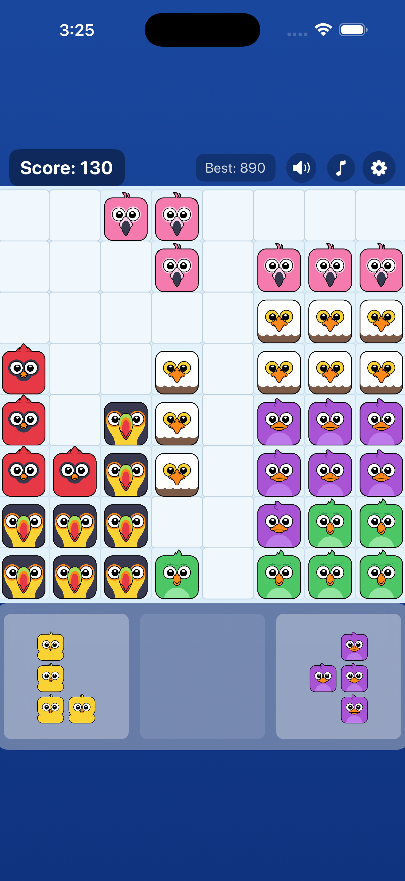 Late-game Bird Blitz board packed with eight species of bird blocks