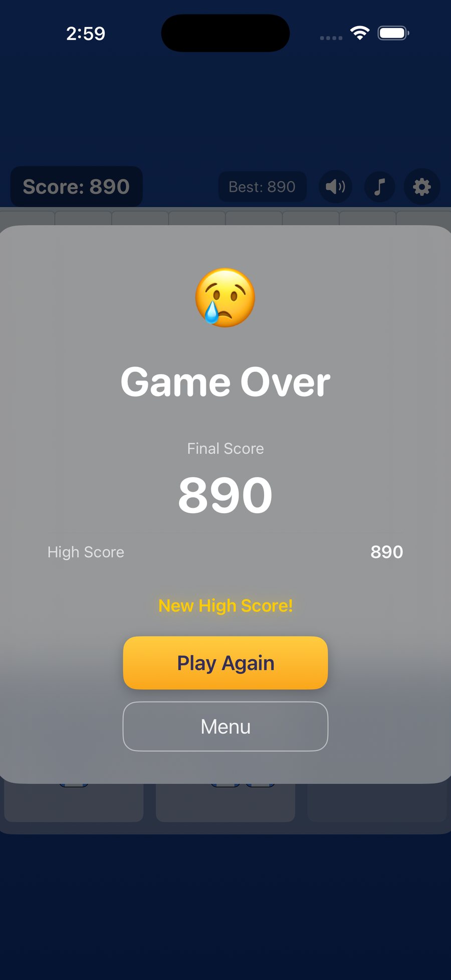 The Bird Blitz game-over screen showing a final score of 890 and a New High Score note