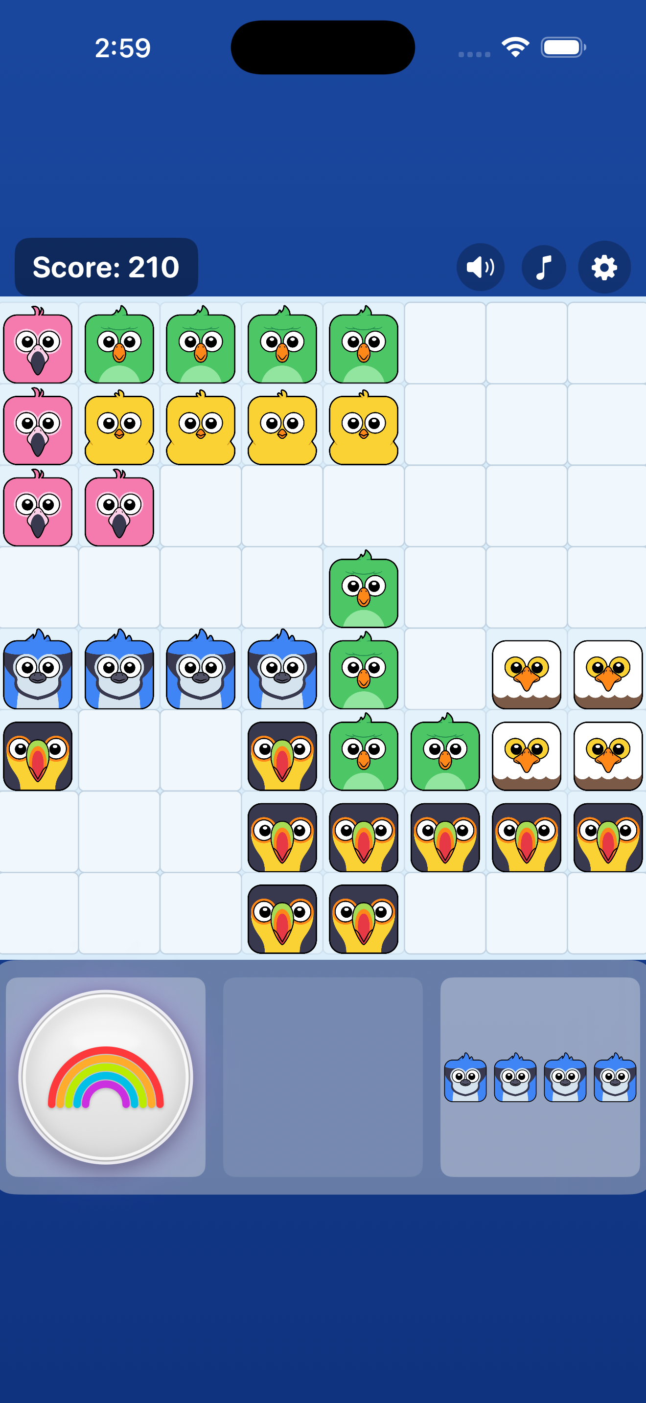 Bird Blitz mid-game with a Rainbow power-up sitting in the tray