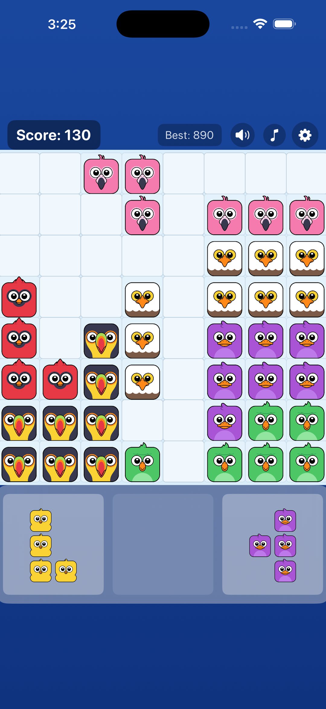 A Bird Blitz board mid-game, filled with cardinal, toucan, parrot and duck blocks